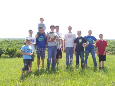The whole crew at the top of a hill