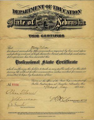 Mary Helen Nelson's Teaching Certificate