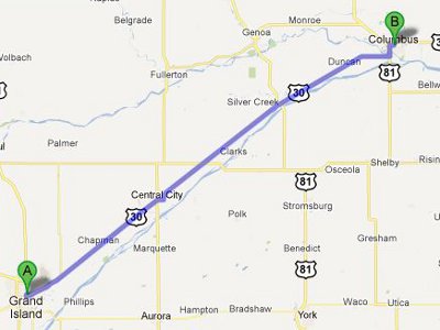Map from Grand Island to Columbus