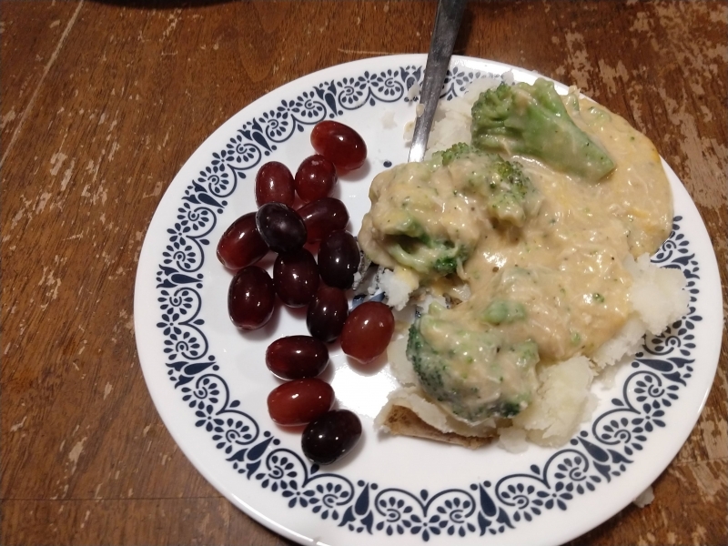 Chicken and Broccoli Gravy over Baked Potato with Grapes