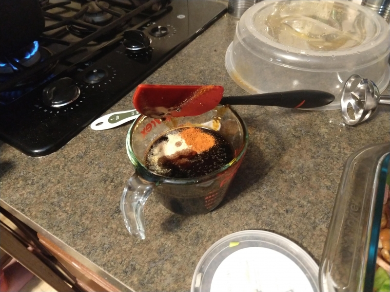 Molasses plus garlic powder, cayenne pepper, and liquid smoke