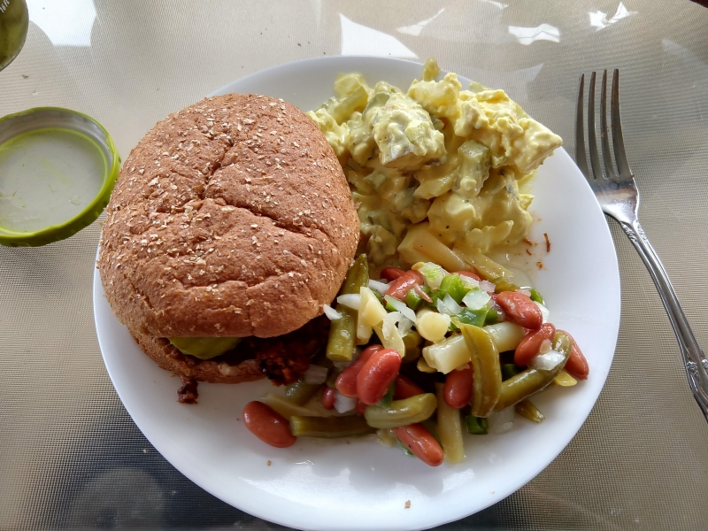 BBQ Pork with Three Bean Salad and Potato Salad