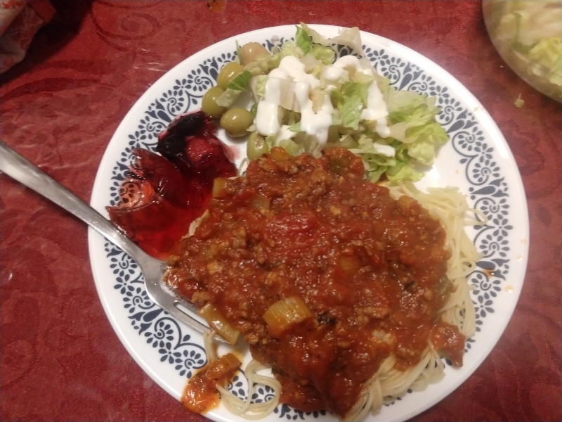 Great Grams' Spaghetti, Lettuce Salad, Berry Gelatin Salad