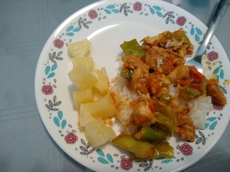 Crockpot Orange chicken with Vegetables over Rice, and Pineapple Chunks