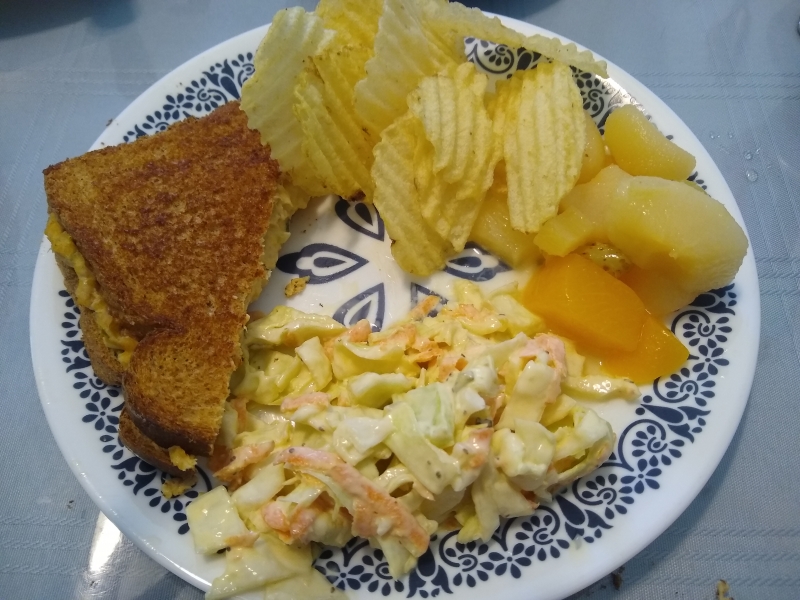 Tuna Melts, Copycat Popeyes Coleslaw, Potato Chips, and Mixed Fruit