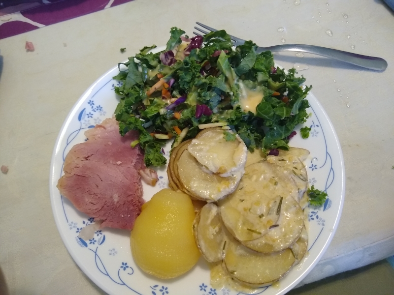 Ham, Rosemary Scalloped Potatoes, Kaleslaw with Myrtle's Salad Dressing, and Pears